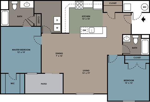 Floor plan for 2 beds, 2 baths, 1482 sqft